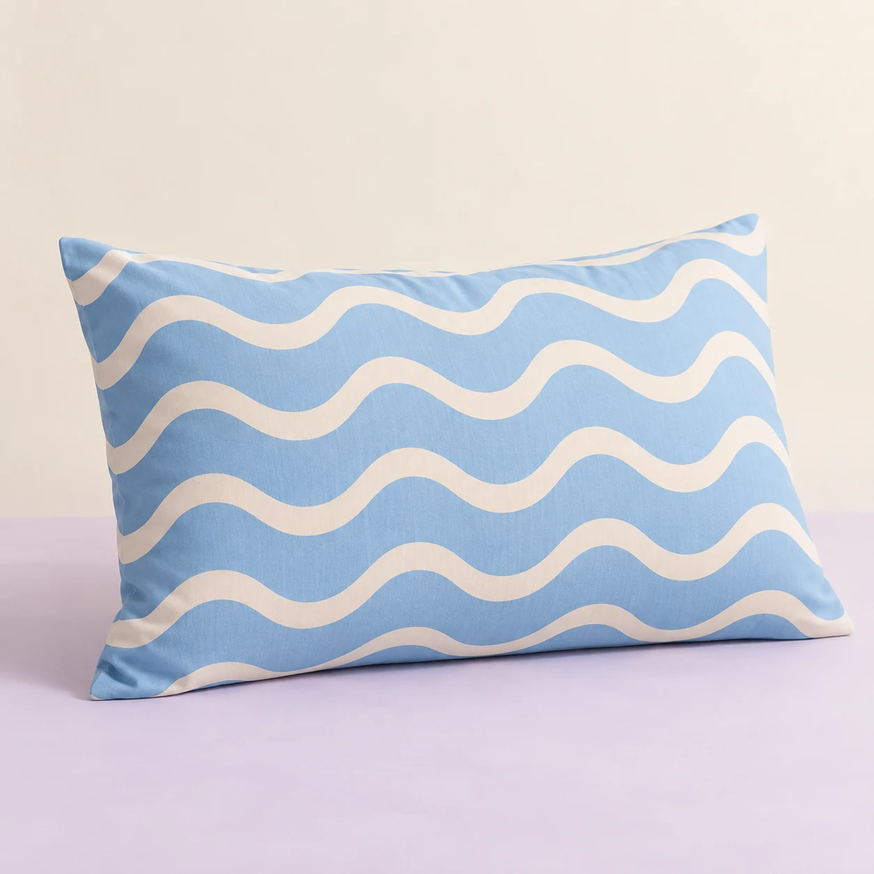 Blue Wiggle Pillowcase — Sky blue with cream wavy lines