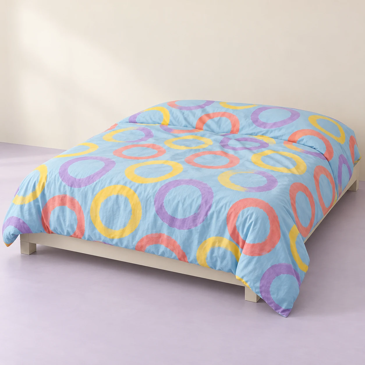 Color Orbit Duvet Cover — Sky blue with coral, yellow and lilac rings