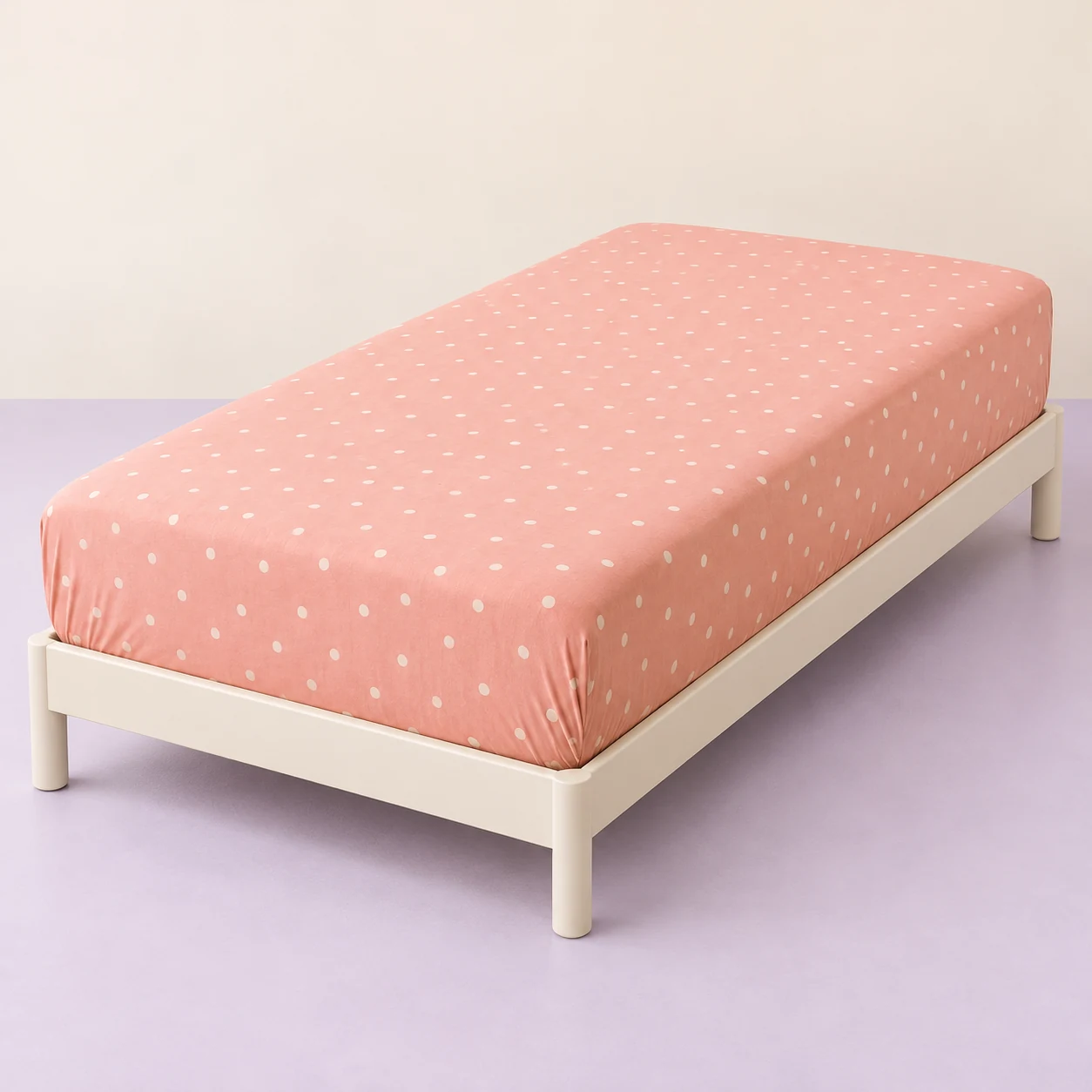 Peach Pop Twin Fitted Sheet — Peach pink with cream dots